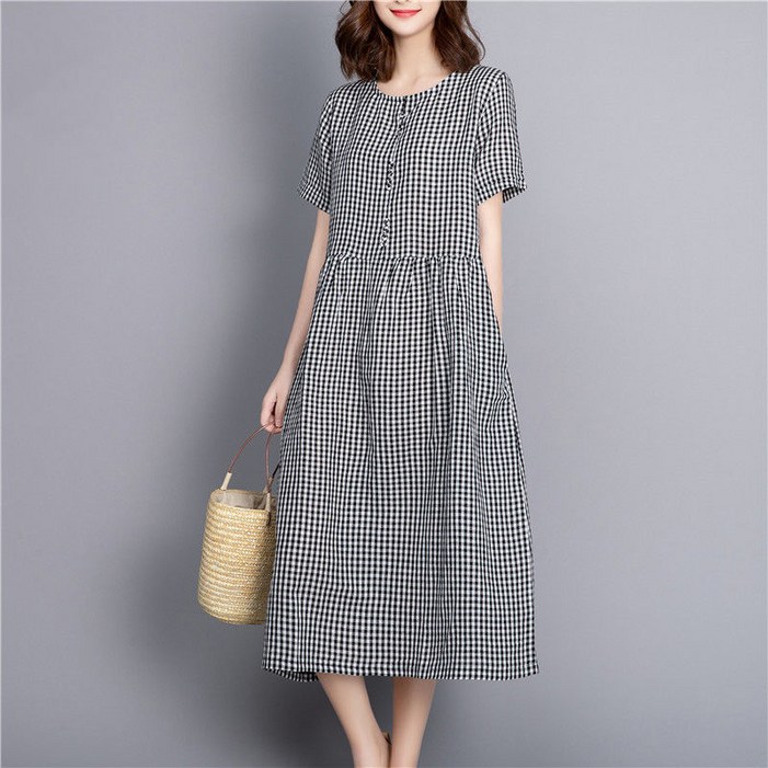 POMTOR 여성 여름 루즈핏 체크 원피스 고급스럽고 날씬해 보이는 롱 원피스