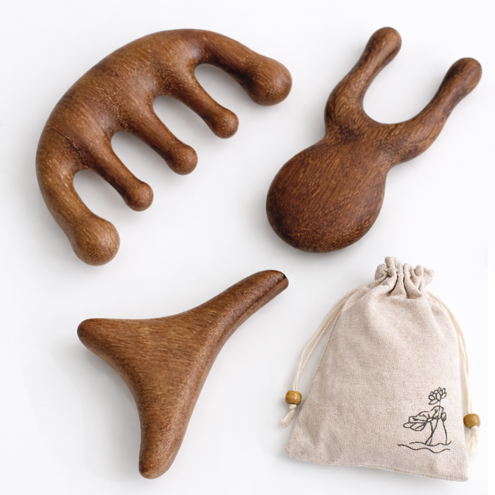 Theondo 우드 괄사 바디 페이스 두피 마사지기 3종세트