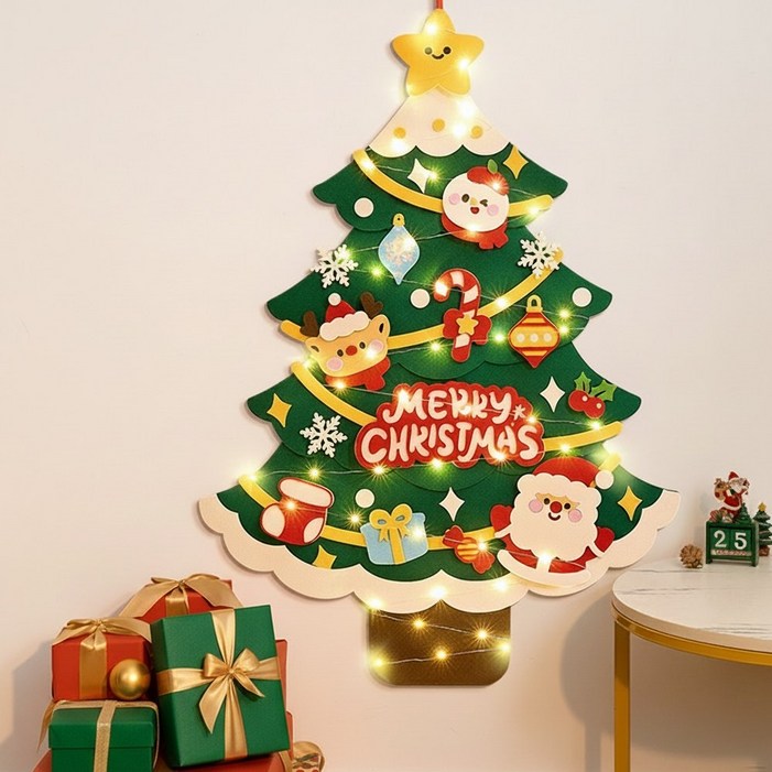 탐리프 크리스마스 펠트 벽트리 만들기 DIY 올인원 키트 LED전구부착용품, 스노우산타트리LED전구부착용품