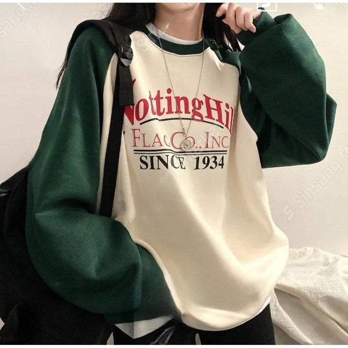 나인테일 겨울 기모 노팅힐 배색 나그랑 레터링 오버핏 데일리 맨투맨 (4color)