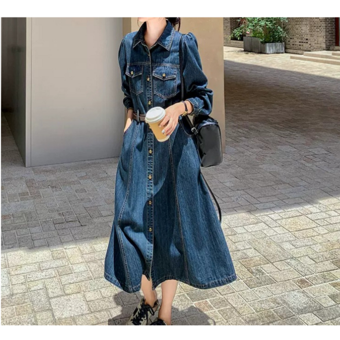 르샌느앤 여성 봄가을 데님 롱원피스 긴팔 슬림핏 A라인 허리밴딩 데님원피스허리띠