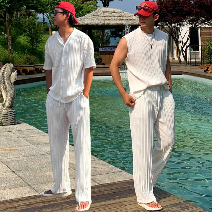 4타입스체 남자 플리츠 반팔 가디건나시 롱팬츠반바지 셋업 세트