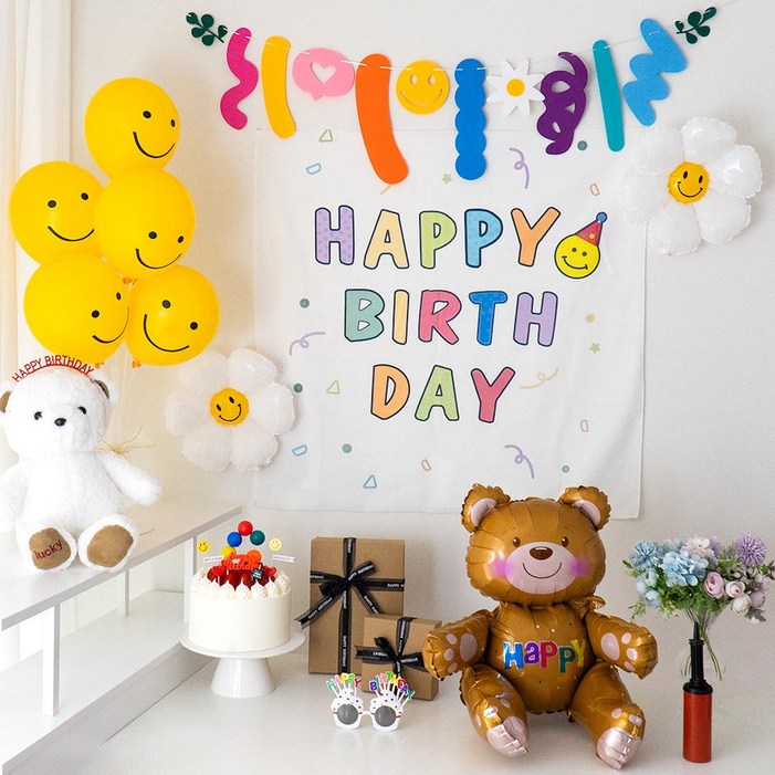 GAM 곰돌이 스마일 패브릭 현수막 가랜드 풍선 생일파티세트