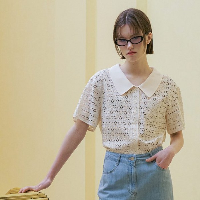 백화점 정품 올리브데올리브 여성 블라우스 플로럴 레이스 아우터형 셔츠