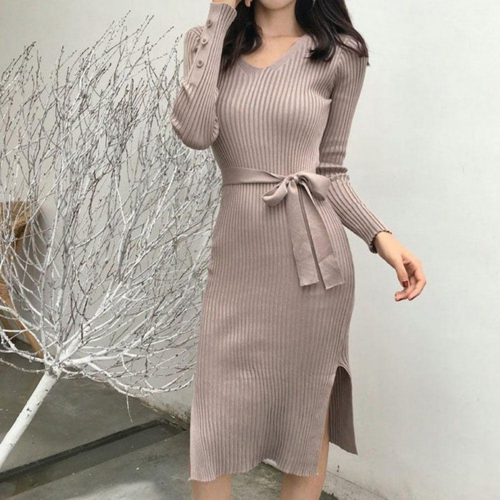 여성 슬림 스타일 골지 패턴 스러운 원피스 트위드 랩원피스 여름 정장 겨울 니트 미니