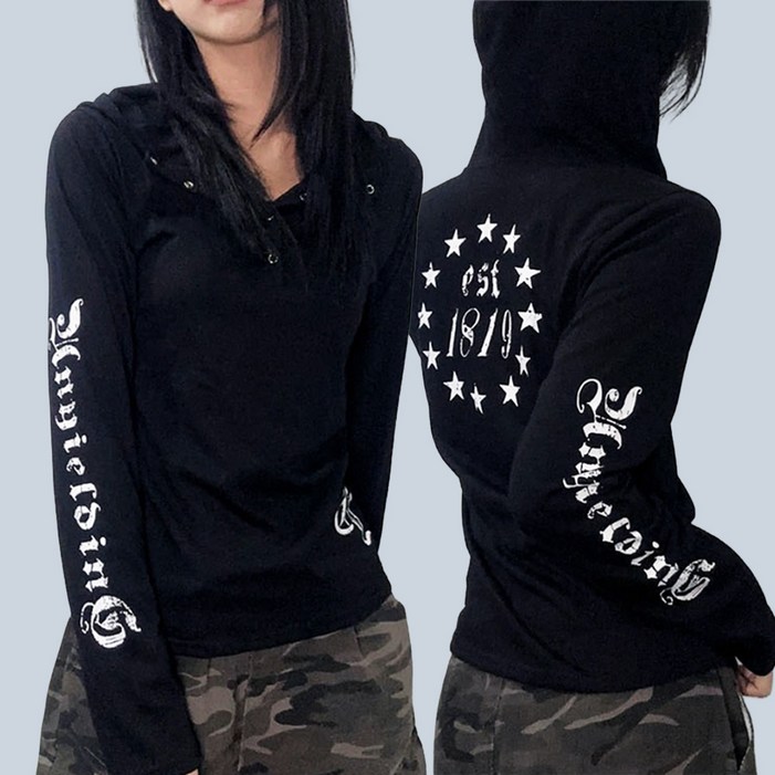 레트로 레터링 별 포인트 프린팅 후드 긴팔 티 Y2K패션