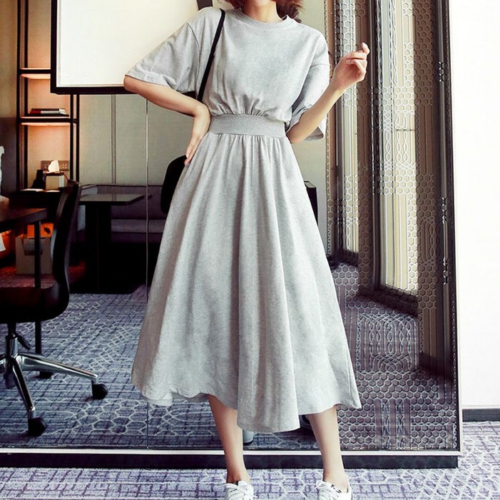 라리바 여성용 밴딩 플레어 몸매 보정 반팔 롱 원피스