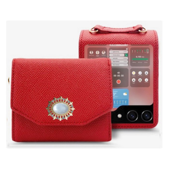 갤럭시 Z플립5  앤틱 펄 천연 소가죽 금속장식 지폐1칸카드4장 수납 지갑형 케이스  핸드스트랩