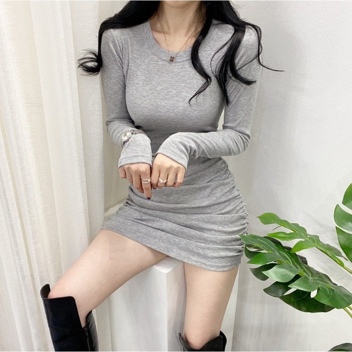 스트릿제이  메이 라운드 스판 양 셔링 미니 긴팔 원피스