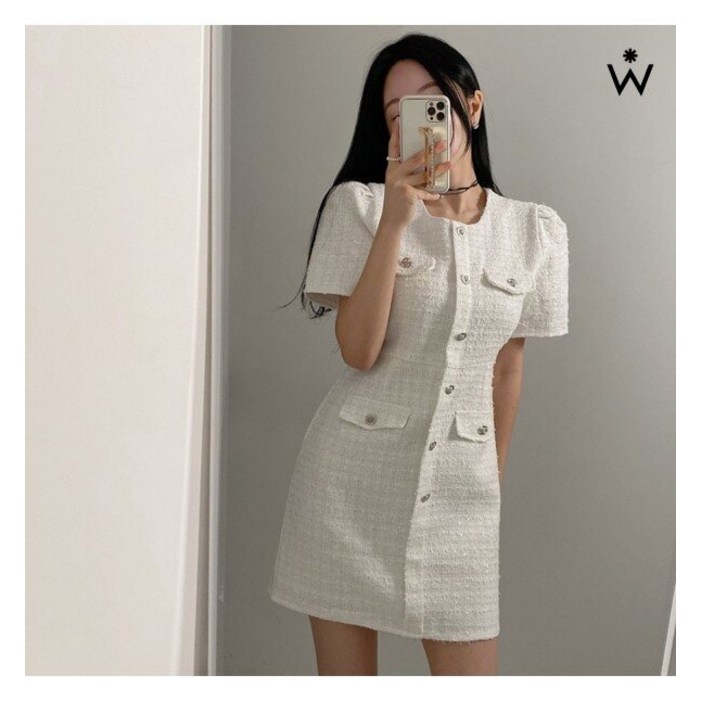 위시드 메탈 버튼 반팔 트위드 하객 원피스 (WIAAOP078)