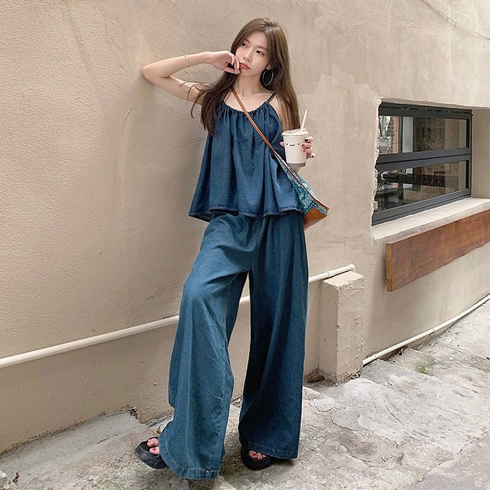 대박난박양 데님 나시 탑와이드 데님팬츠 SET