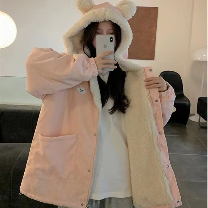 이중 코듀로이안감캐시미어후드곰귀달이겹야상루즈핏기모패딩
