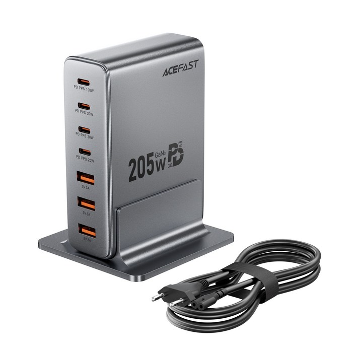 ACEFAST 205W GaN 4C3A 7포트 C타입 고속 충전기 PD3.0 PPS QC 초고속 멀티충전기, 1개, 블랙