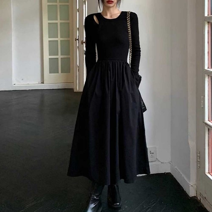 페이크 2중 펀칭 A라인 블랙원피스 봄가을 스타일리쉬 Y7Z2PKCZDP