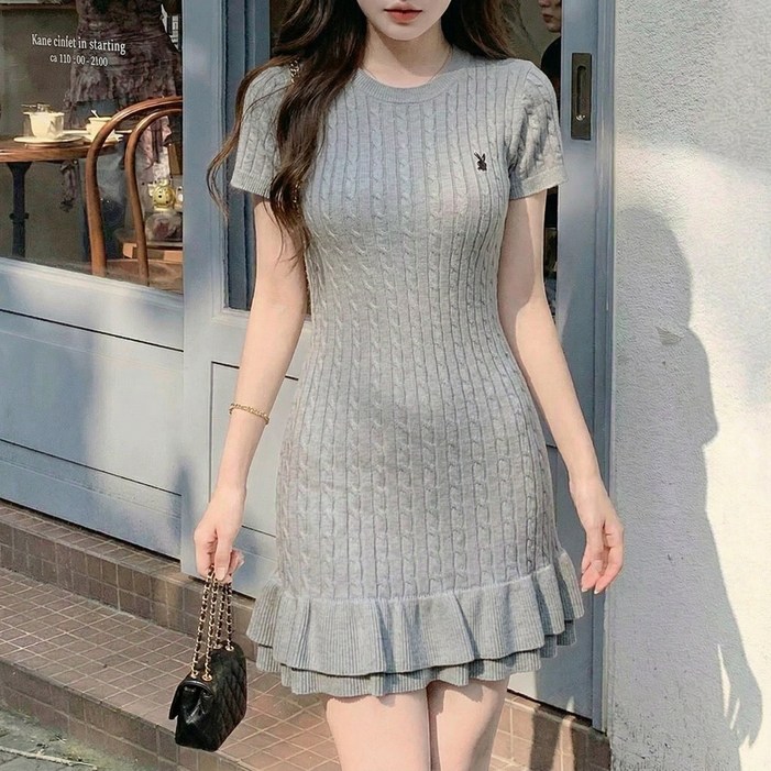 SOSISI 여성 슬림핏 라운드넥 케이블 반팔니트 원피스 DH1L260561