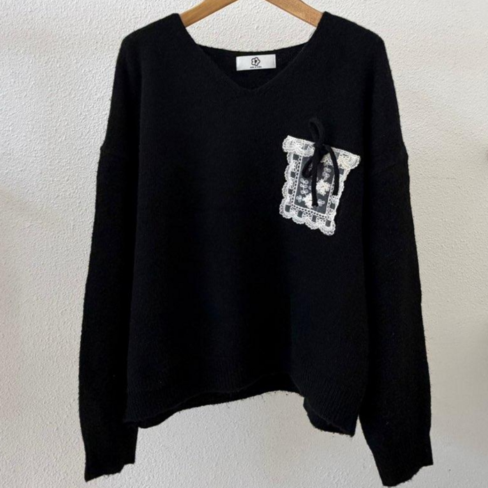 메리브 여성 V넥 리본 벤레이스포켓니트 따뜻한 루즈핏 데일리 스웨터3color