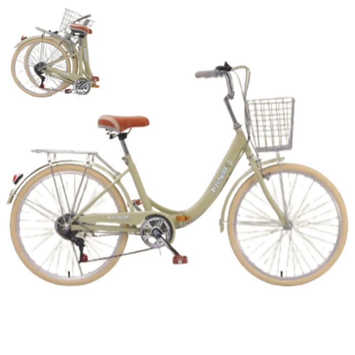 루비엘 여성 자전거 24인치 접이식 7단 변속 출퇴근 클래식 자전거 두발 싸이클 바구니, 1개, 165cm, 카키