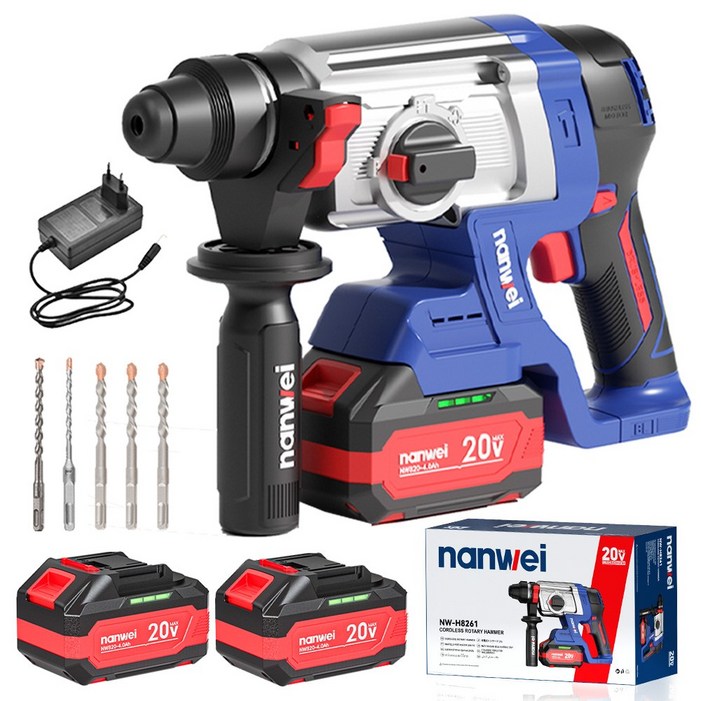 NANWEI 초고출력 고출력 무선 함마 드릴 리튬이온 브러시리스 충전 전동 햄머 파괴함마 쁘레카 공구 풀세트, 고급형 함마드릴4.0AH배터리2개