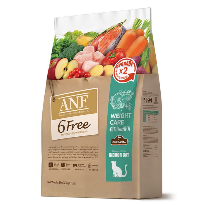 ANF 생후 12개월 이후 식스프리 인도어 캣 웨이트케어 건식사료, 닭연어, 6kg, 1개