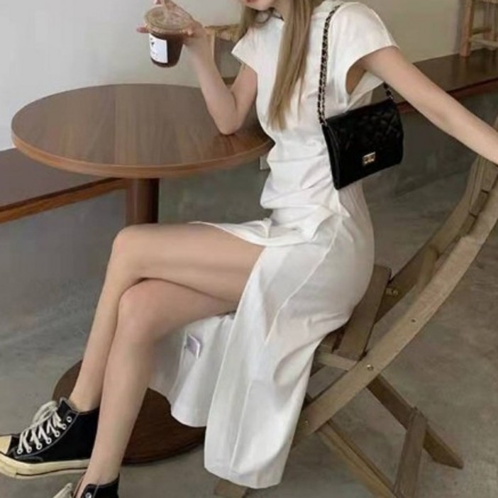 메이첼 통기성 셔링 슬림핏 트임 롱 티 원피스 01079