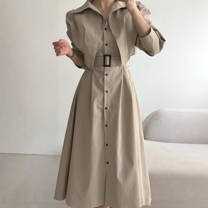 페이퍼먼츠 카밀 카라넥 케이프 벨티드 트렌치 롱 원피스 10013
