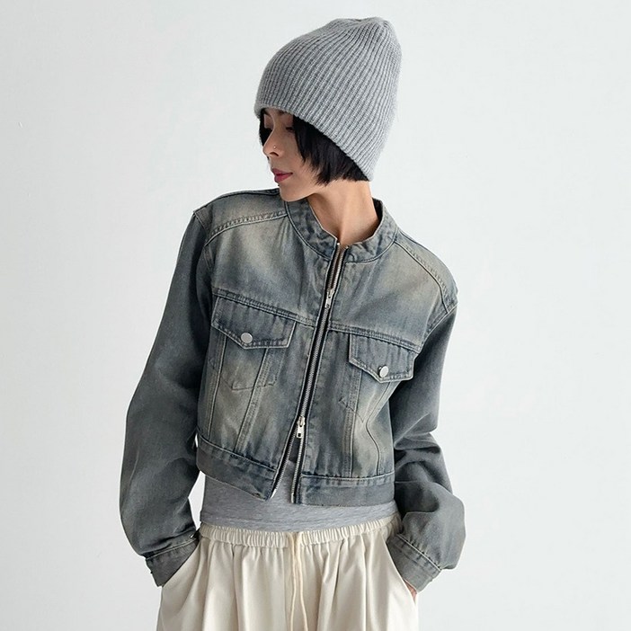슈가펀 여성용 원모어 논카라 크롭 데님 자켓