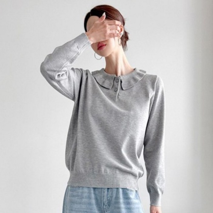 뜨개진 여성용 루즈핏 부드러운 프릴 카라 버튼 리헨나니트