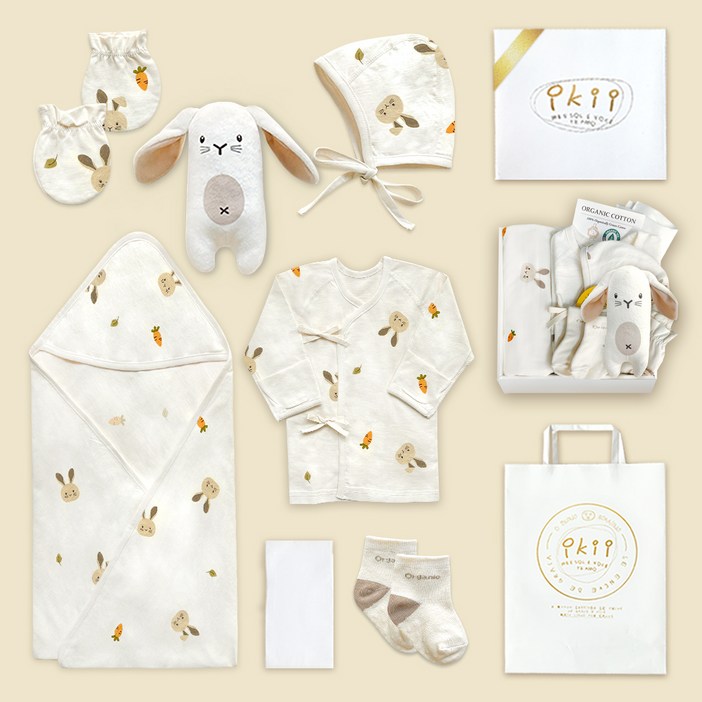 ikii 신생아 오가닉 배냇저고리 사계절용 긴소매 7종 출산 선물세트  쇼핑백
