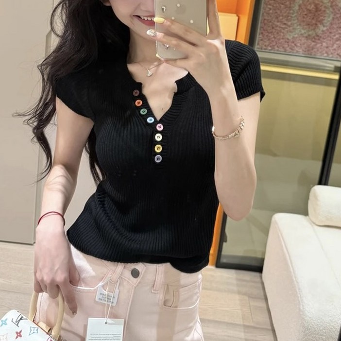 메이첼 여성용 레인보우 버튼 골지 슬림 반팔 티셔츠 10426