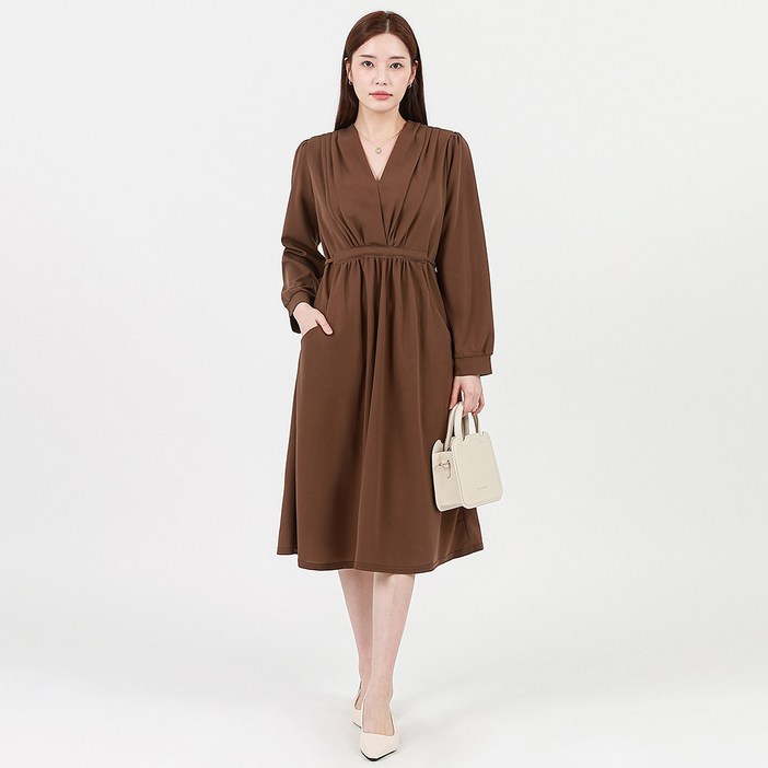 엘쏘 셔링 랩 퍼프 허리라인 긴팔 롱 하객 원피스