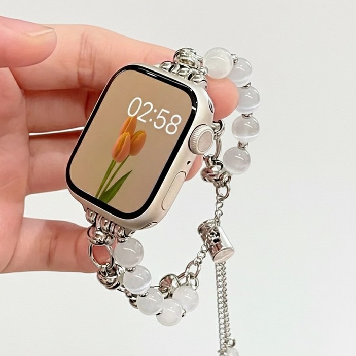 호환 애플워치 진주 메탈 스트랩, 실버화이트