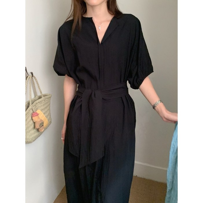 허리 스트랩 포인트 셔츠형 반팔 롱원피스