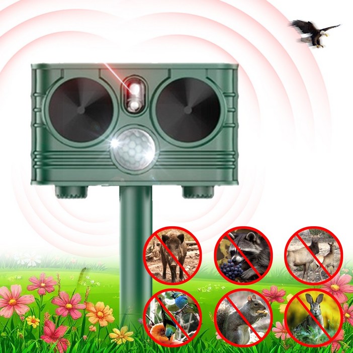 태양광 초음파 새로운 초음파 플래시 동물 퇴치기 레이저 새 퇴치 뱀쥐 적외선 감지 3 in 1 두더지퇴치기, GE7016