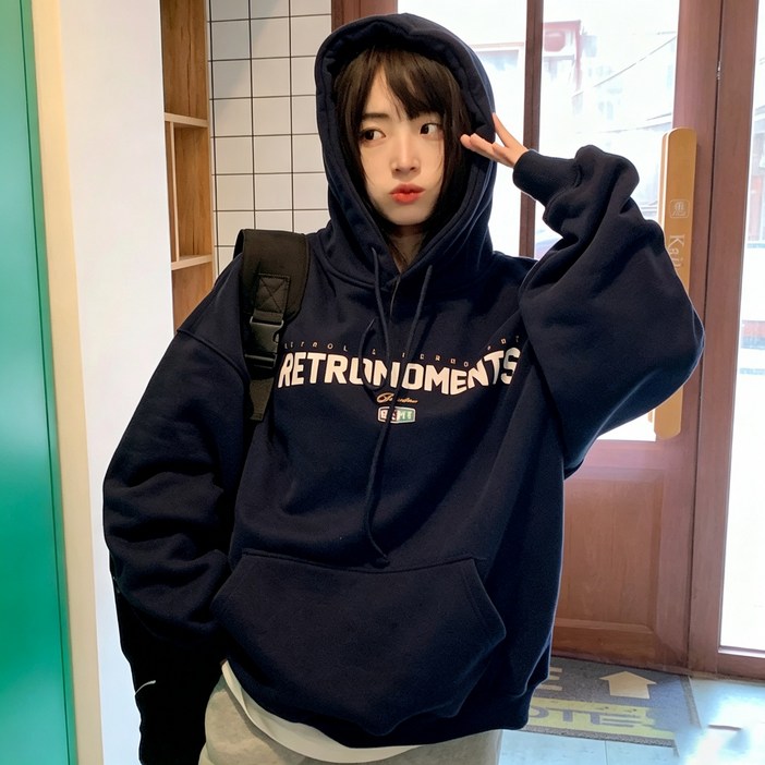 여성 레트로 영문 레터링 오버사이즈 후드티 루즈핏 데일리 캐주얼 맨투맨