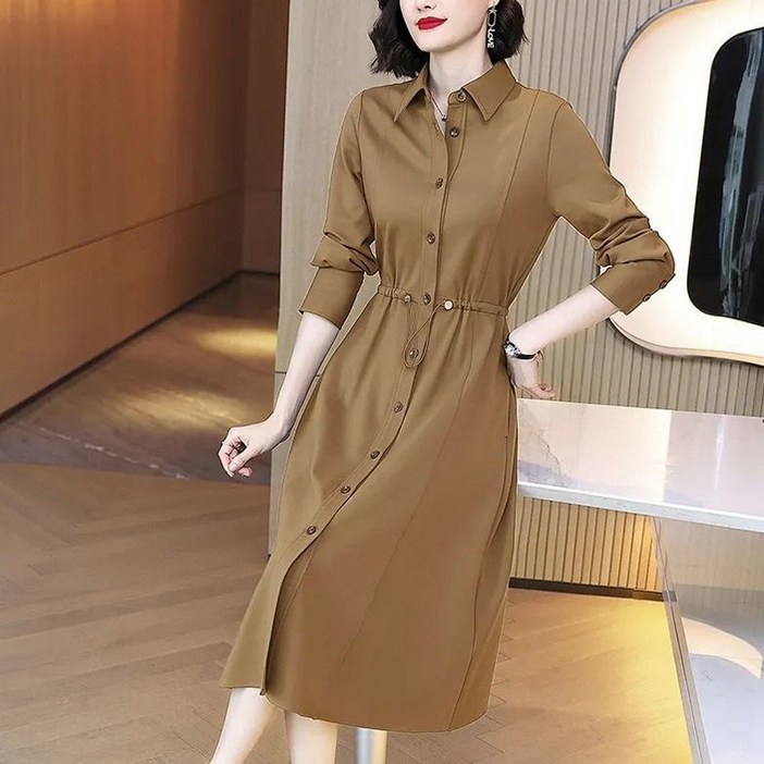삼제태전 가을 여성 긴팔 루즈핏 빅사이즈 패션 단색 미디 원피스 셔츠 원피스