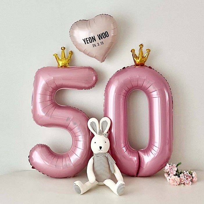 연지마켓 50일 셀프 촬영 하트 숫자 풍선 세트 이름 레터링 포함, 1세트, 핑크
