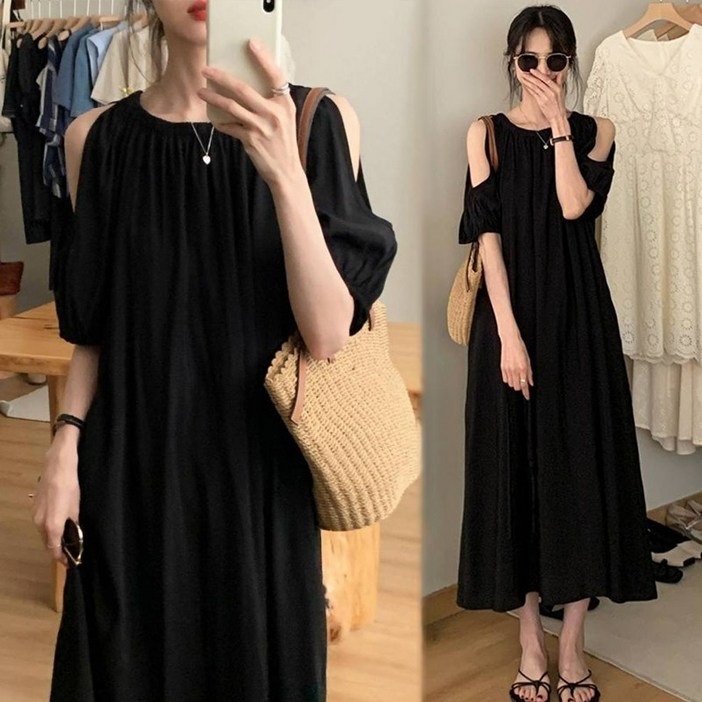 Asure 여름 여성 롱 오프숄더 원피스 빅 사이즈 반팔 원피스