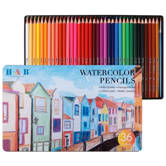 HB문화사 36색 전문가용 색연필 수채화 수성  브러쉬 증정 틴케이스 1셋트, 36색, 1세트