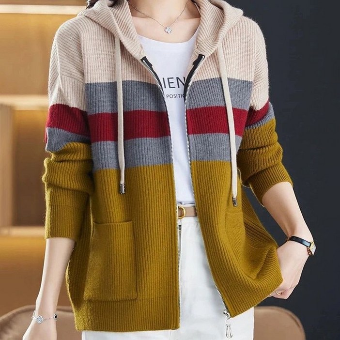 ORZQU 가을 겨울 여자 캐주얼 루즈핏 배색 스트라이프 후드 니트 아우터 집업 스웨터