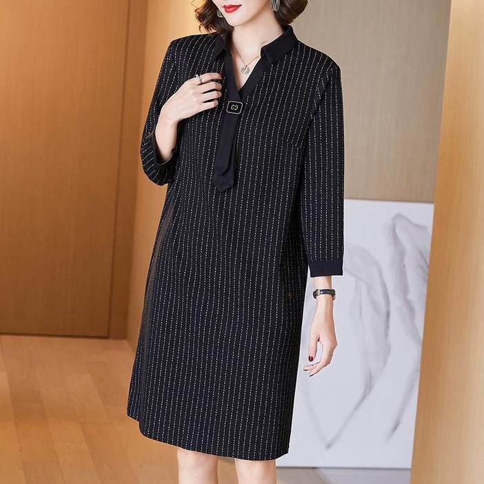 COSYEVNO 여성 봄가을 긴팔 A라인 원피스 스트라이프 카라 장식 LFHmmlyq4