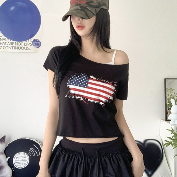 고퀄최저가2col 머드 언발 오프숄더 성조기 프린팅 반팔 크롭 티셔츠