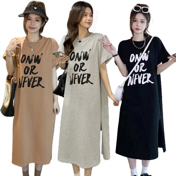 1+1 반팔 롱 원피스 옆트임 레터링 원피스