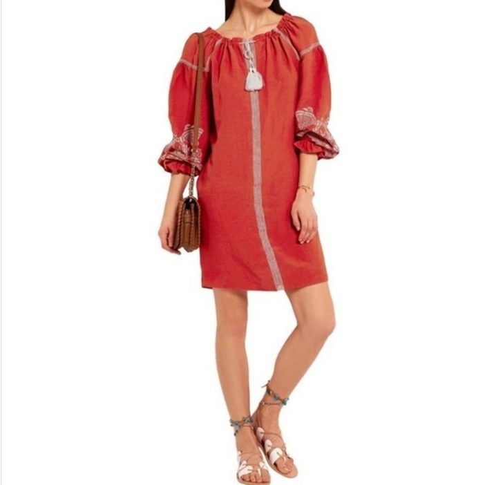 마쥬 마제 라메트 드레스 사이즈 1 스몰 오렌지 레드 자수 태슬 비스코스 린넨 타이 5520116