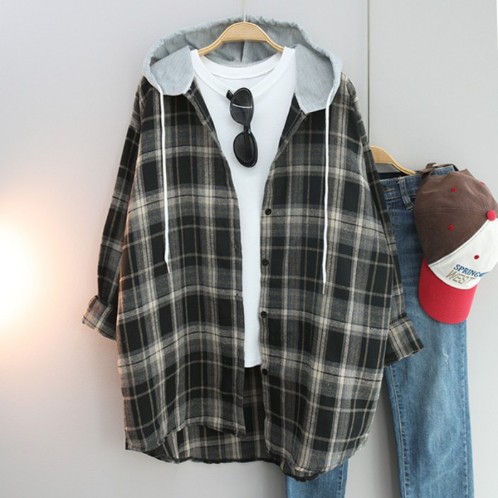 달콩 여성 폴체크오버핏후드셔츠 롱셔츠 봄신상