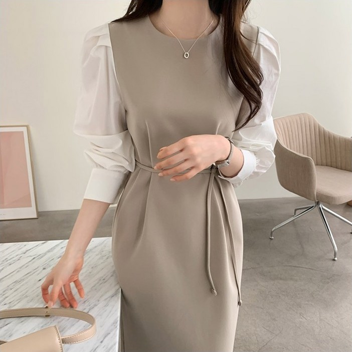 여성 H라인 원피스 배색소매, 데일리 세미정장룩, 하객룩