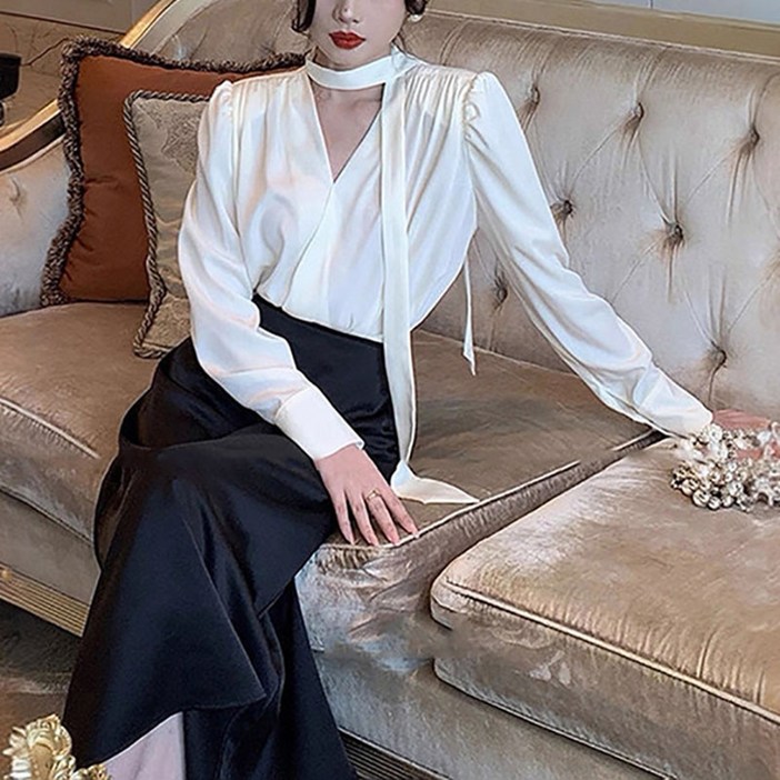 슬림소녀 여성 봄가을 새틴 스트링 브이넥 긴팔 블라우스 가벼운 면접 통근 상의 셔츠