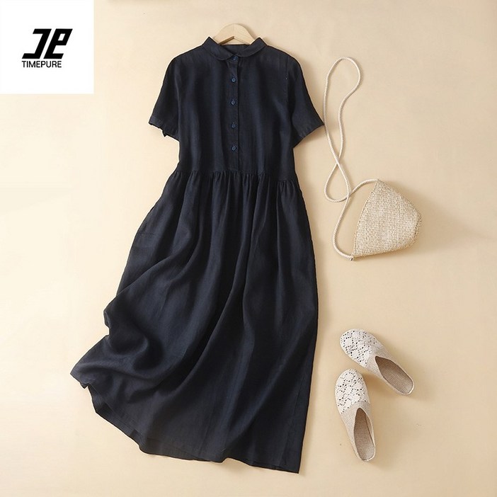 여성 시원 편안 면 마 소재 오버핏 A라인 롱 원피스 캐주얼한 디자인 봄 여름 가을 매력 반팔 스타일 활동적 일상 생활 안성맞춤 새로운 시즌스타일링