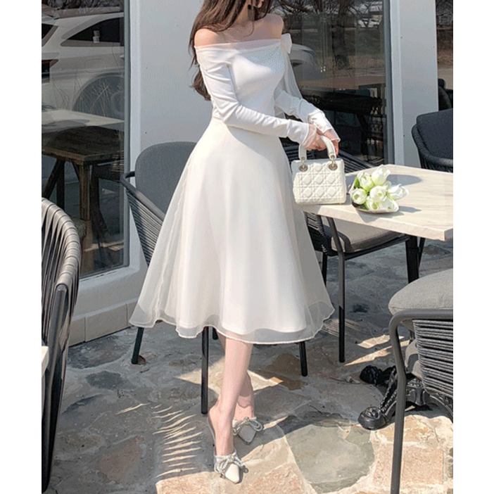 (여신라인) 드리밍 오프숄더 리본 오간자 리본 원피스 롱 드레스