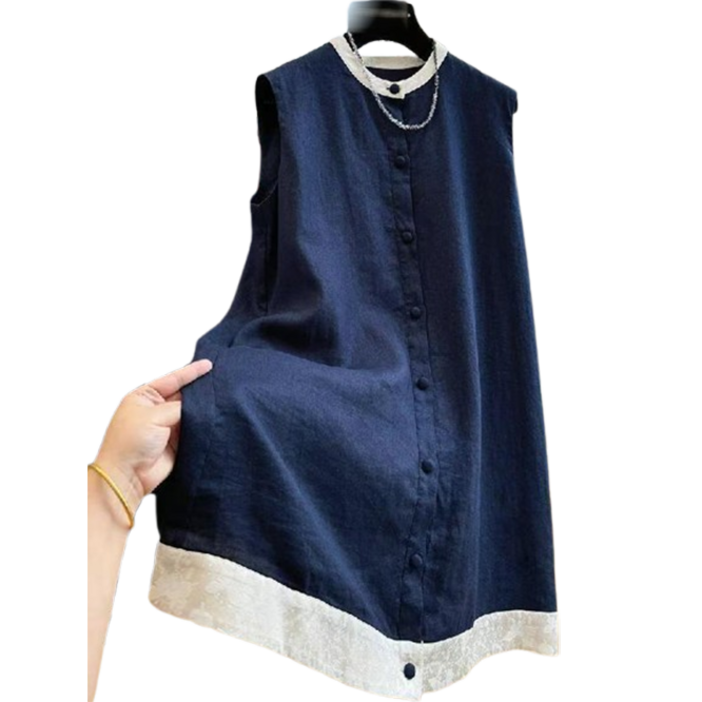 WEIHAN 중년용 라운드넥 무지원피스  여름용 편한 체형커버 스타일  린넨혼방 빅사이즈