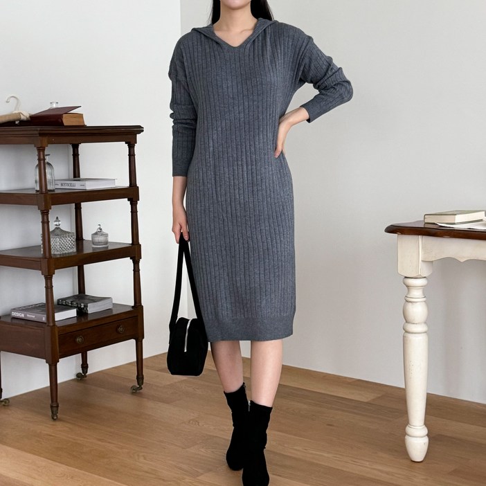 시연 가을 겨울 후드 골지 니트 롱 원피스 스웨터 스커트